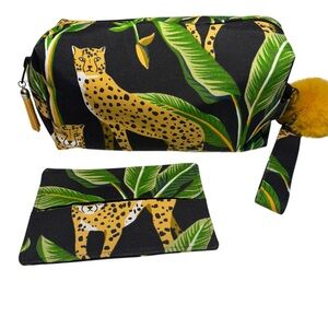 Leopard Print Cometic Bag Set - Black and Green